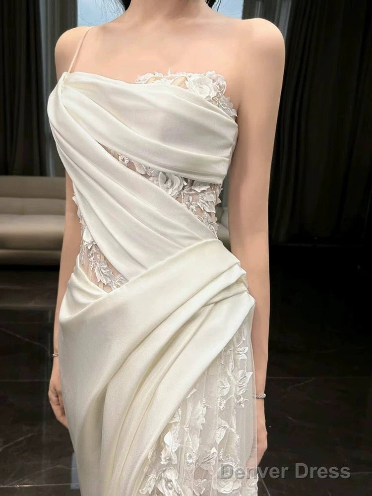 Simple White Mermaid One Shoulder Satin Lace Pleats Wedding Dress