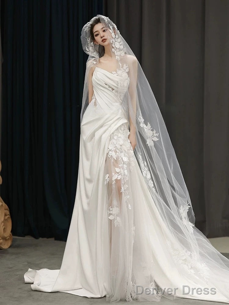 Simple White Mermaid One Shoulder Satin Lace Pleats Wedding Dresses
