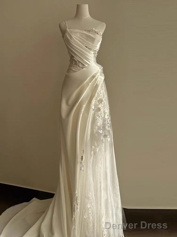 Simple White Mermaid One Shoulder Satin Lace Pleats Wedding Dresses Main image