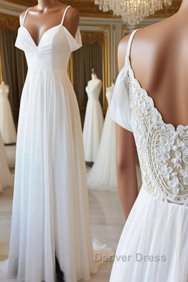 Simple white off shoulder chiffon lace long Prom Dress Main image