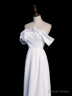 Simple White Off Shoulder Satin Long Prom Dress, White Long Prom Dresses