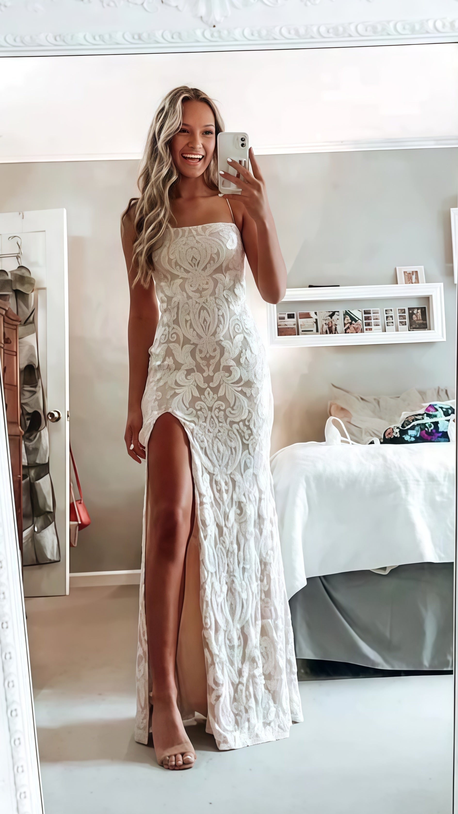 Simple White Prom Dress, Modest Slit Prom Dresses, Lace Wedding Gowns Secondary image