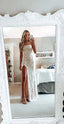 Simple White Prom Dress, Modest Slit Prom Dresses, Lace Wedding Gowns