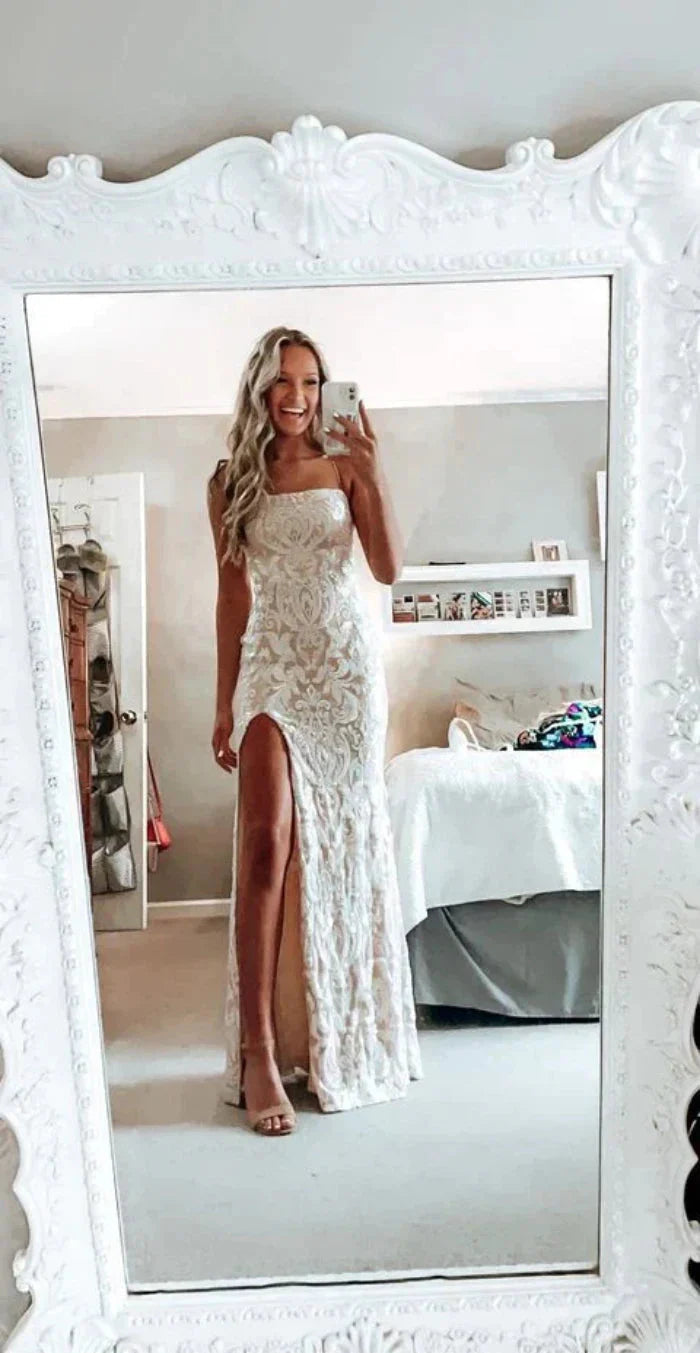 Simple White Prom Dress, Modest Slit Prom Dresses, Lace Wedding Gowns Main image