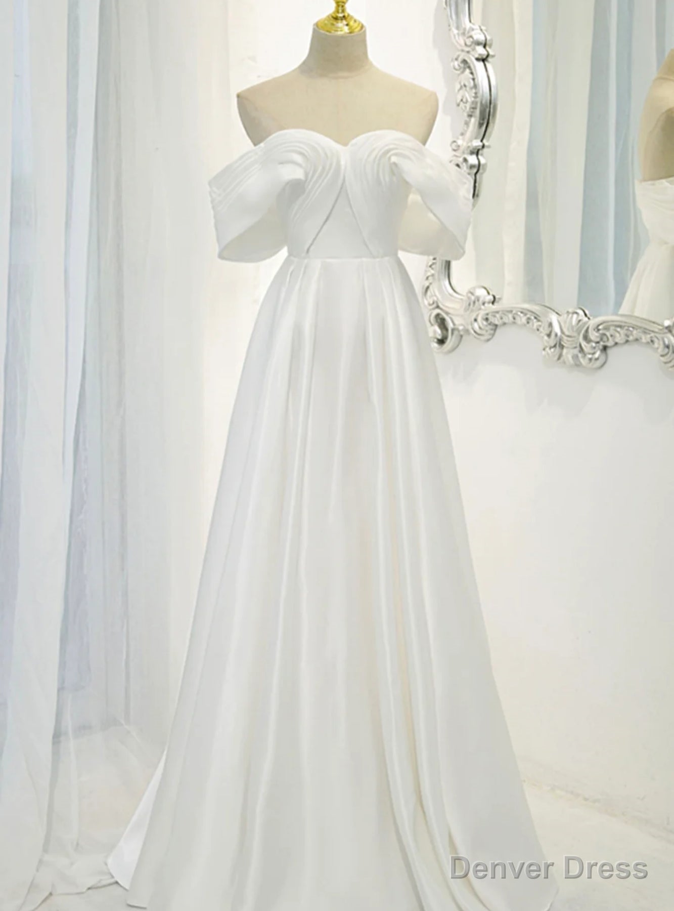 Simple White Satin Off the Shoulder Pleats Wedding Dresses