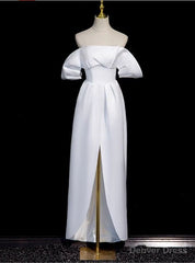 Simple White Satin Off the Shoulder Split Wedding Dress