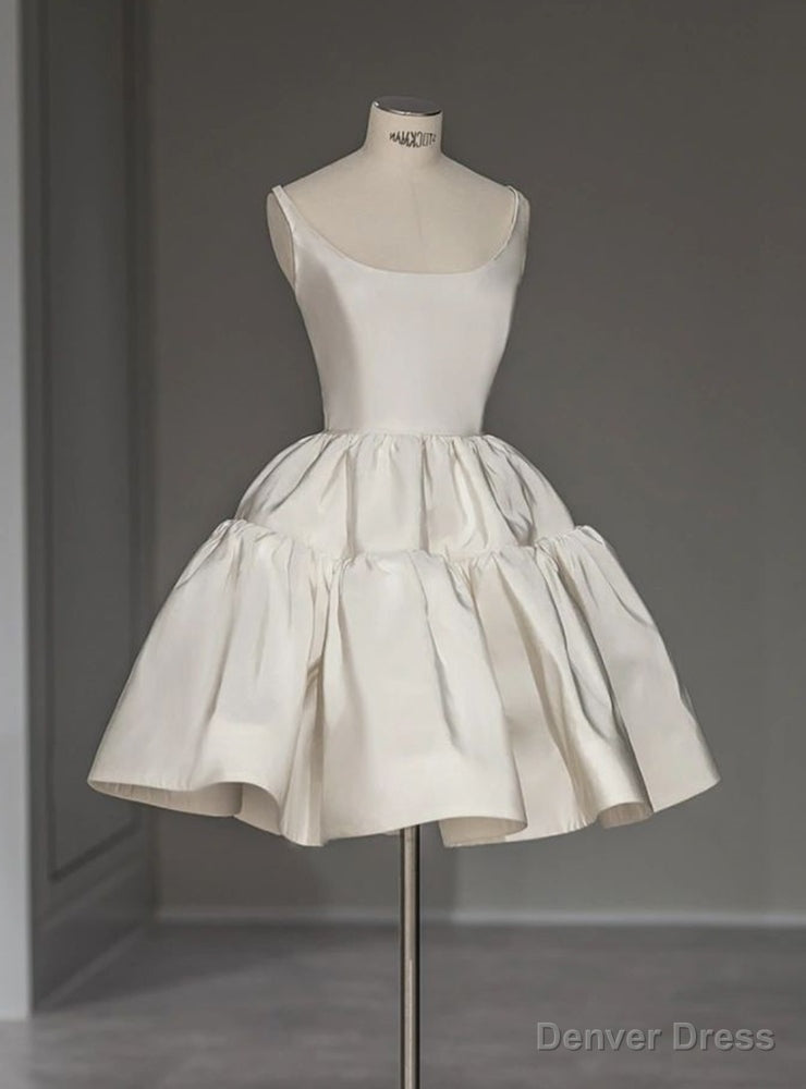 Simple White Satin Spaghetti Straps Short Wedding Dress Main image