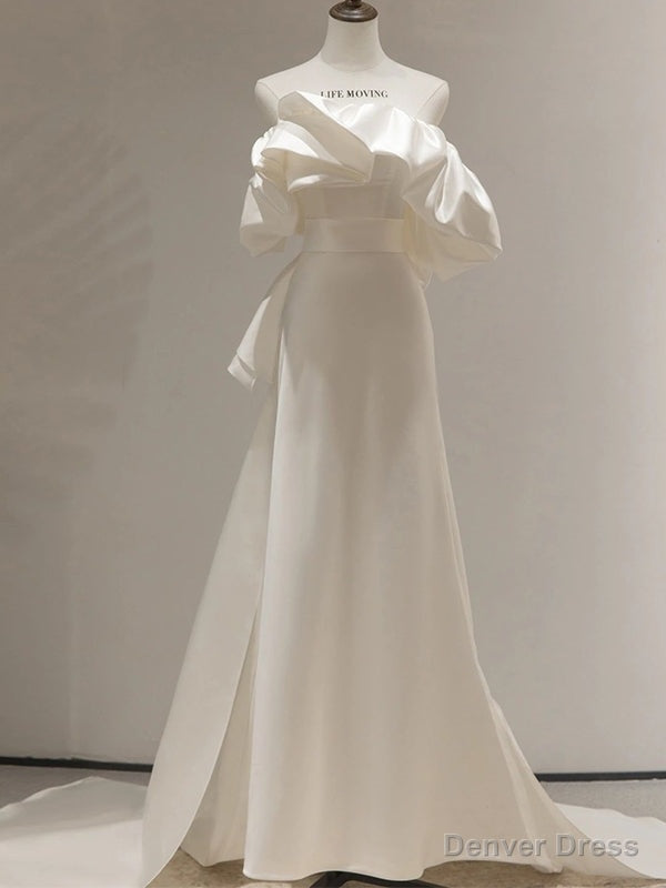 Simple White Satin Strapless Wedding Dress Main image