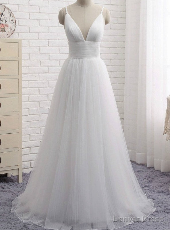 Simple White Spaghetti Straps Tulle V-neck Backless Wedding Dress Main image