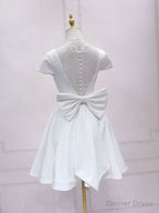 Simple White V Neck Lace Short Prom Dress, White Bridesmaid Dress