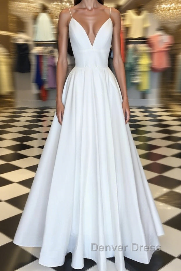 Simple white v neck satin long prom Dress white Prom Dresses Main image