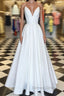 Simple white v neck satin long prom Dress white Prom Dresses