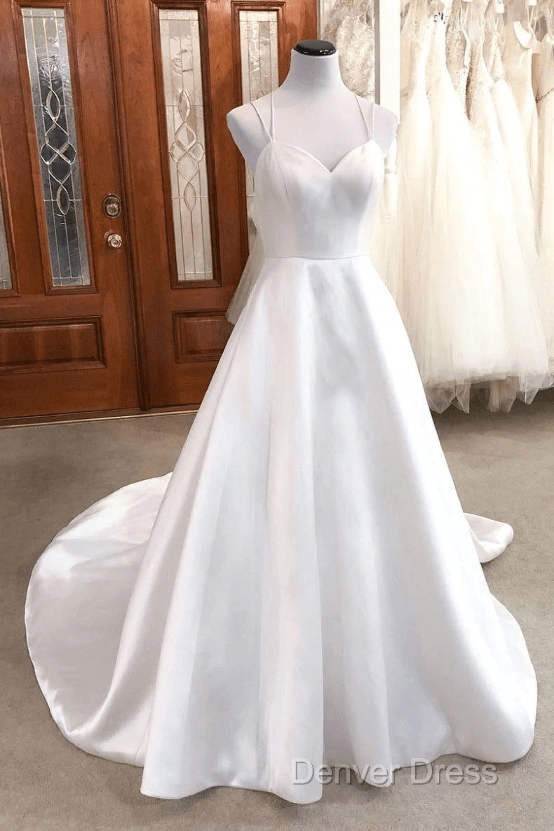 Simple White V Neck Satin Long Wedding Dress White Bridal Dresses