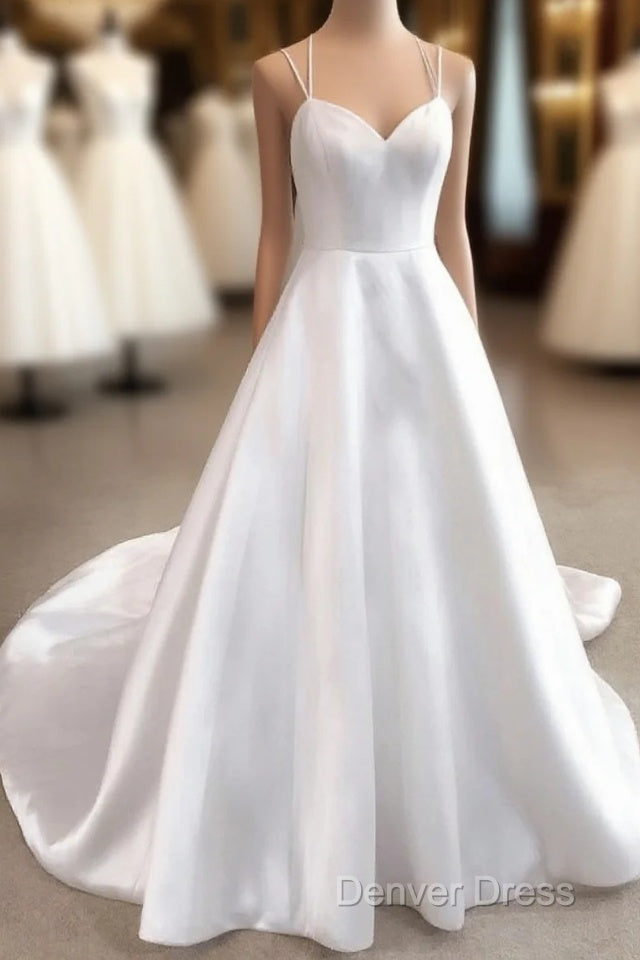 Simple White V Neck Satin Long Wedding Dress White Bridal Dresses