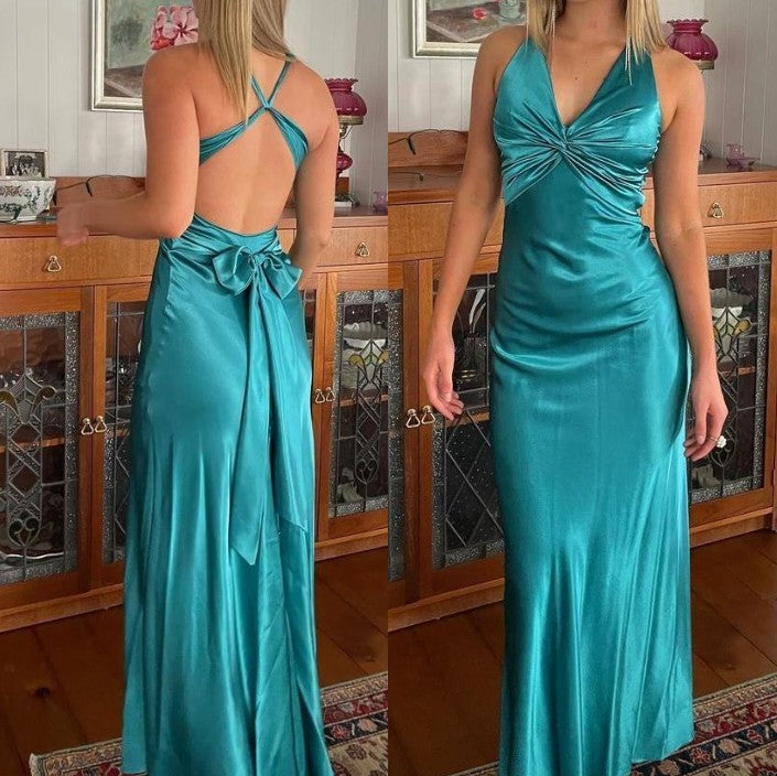 Simple Yellow A-Line Long Prom Dress For Prom&Guest-V Neck Satin Beautiful Backless Prom Dresses