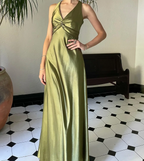 Simple Yellow A-Line Long Prom Dress For Prom&Guest-V Neck Satin Beautiful Backless Prom Dresses
