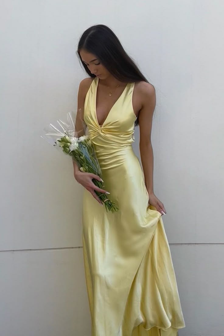 Simple Yellow A-Line Long Prom Dress For Prom&Guest-V Neck Satin Beautiful Backless Prom Dresses