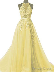 Simple Yellow Lace Prom Dresses With Beading