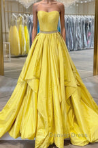 Simple yellow satin long prom Dress yellow Prom Dresses