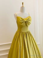 Simple Yellow Satin Tea Length Prom Dress, Yellow Homecoming Dresses