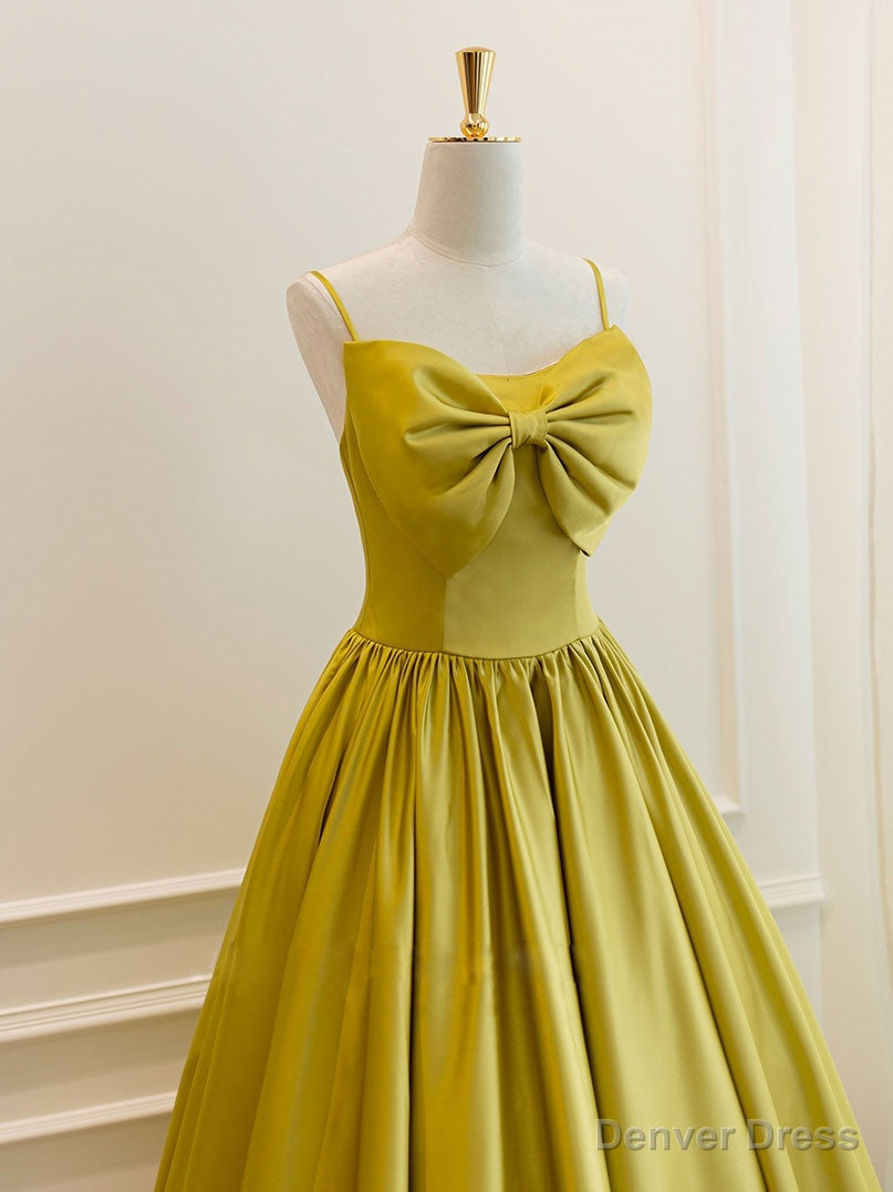 Simple Yellow Satin Tea Length Prom Dress, Yellow Homecoming Dresses
