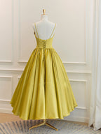 Simple Yellow Satin Tea Length Prom Dress, Yellow Homecoming Dresses