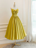 Simple Yellow Satin Tea Length Prom Dress, Yellow Homecoming Dresses