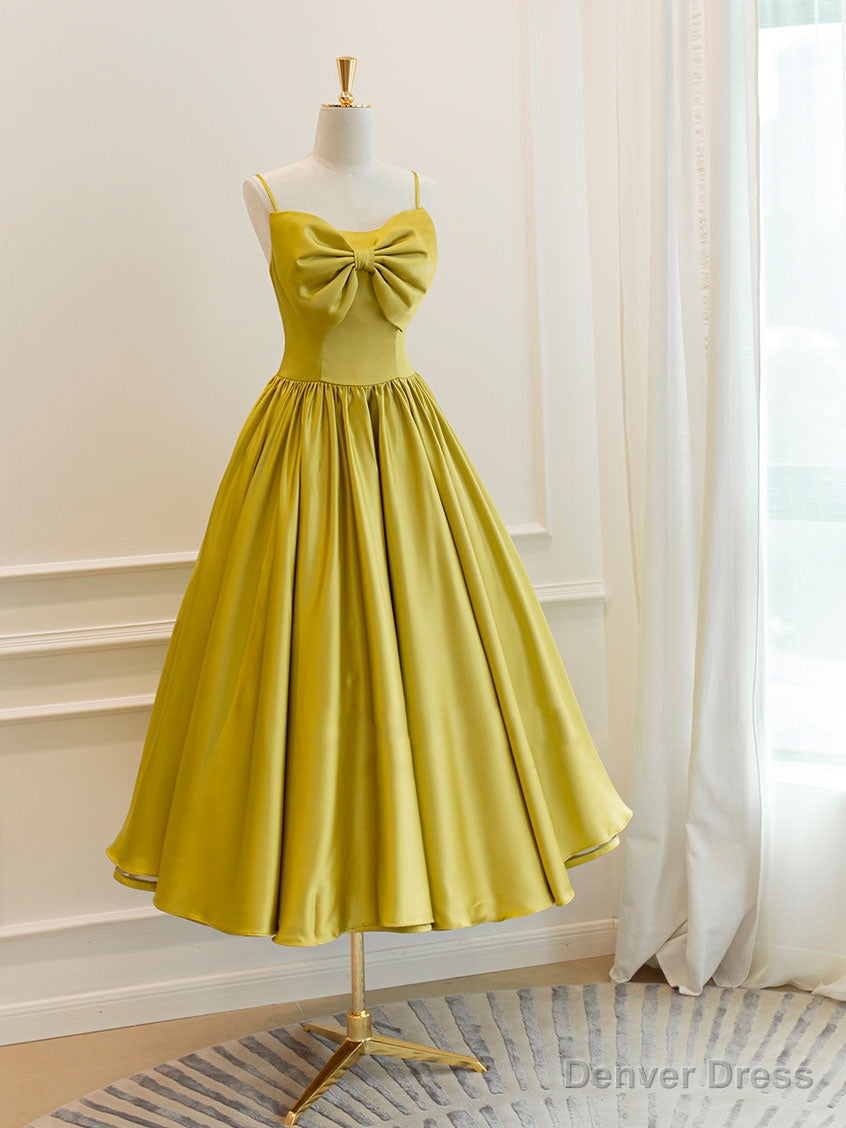 Simple Yellow Satin Tea Length Prom Dress, Yellow Homecoming Dresses