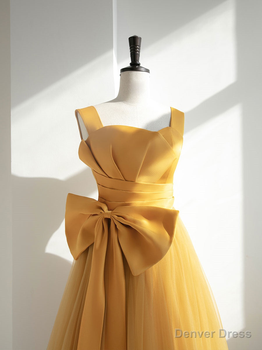Simple Yellow Tulle Long Prom Dress, Yellow Prom Bridesmaid Dresses