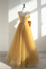 Simple Yellow Tulle Long Prom Dress, Yellow Tulle Formal Dress
