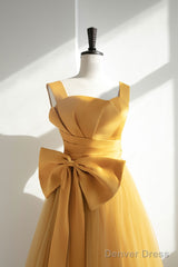Simple Yellow Tulle Long Prom Dress, Yellow Tulle Formal Dress