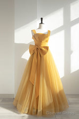 Simple Yellow Tulle Long Prom Dress, Yellow Tulle Formal Dress