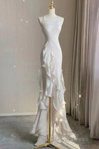 Simple Mermaid Prom Gowns With Ruffles, Spaghetti Straps Backless Dresses For Date