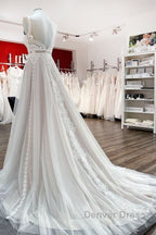 Simply Long A Line Tulle Lace Open Back Wedding Dresses