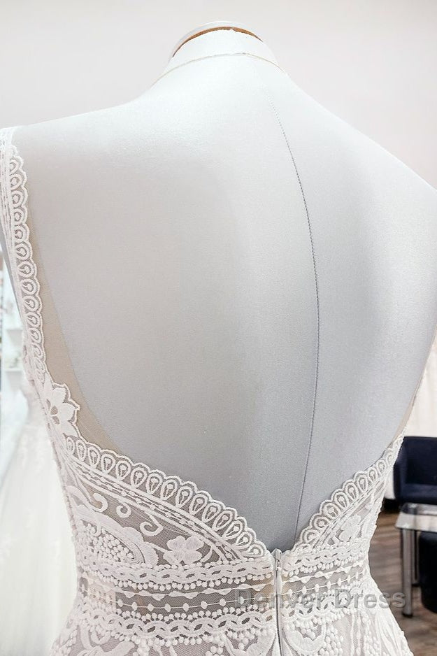 Simply Long A-line Tulle Lace Open Back Wedding Dresses