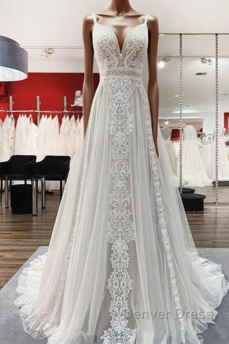 Simply Long A Line Tulle Lace Open Back Wedding Dresses Main image