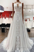 Simply Long A Line Tulle Lace Open Back Wedding Dresses