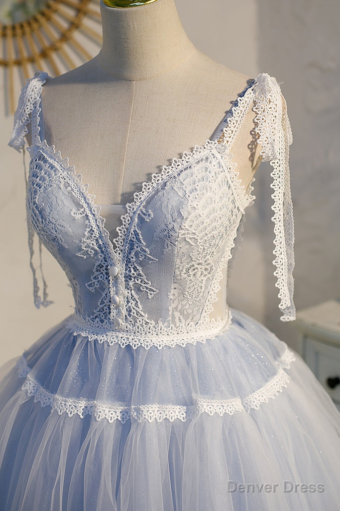 Sky Blue A Line Tulle Lace V Neck Homecoming Dress Secondary image