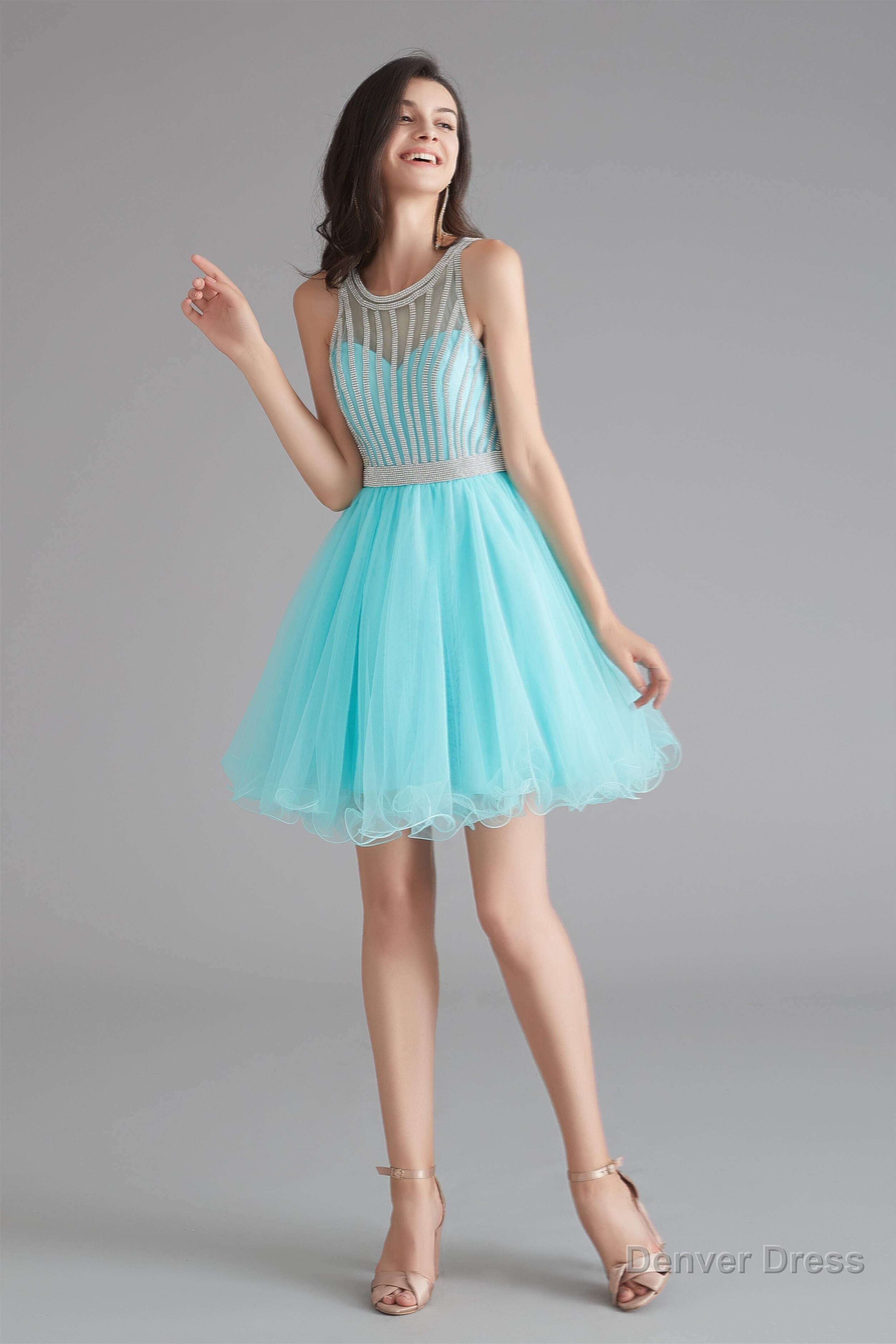 A Line Tulle Sleeveless Beading Homecoming Dresses