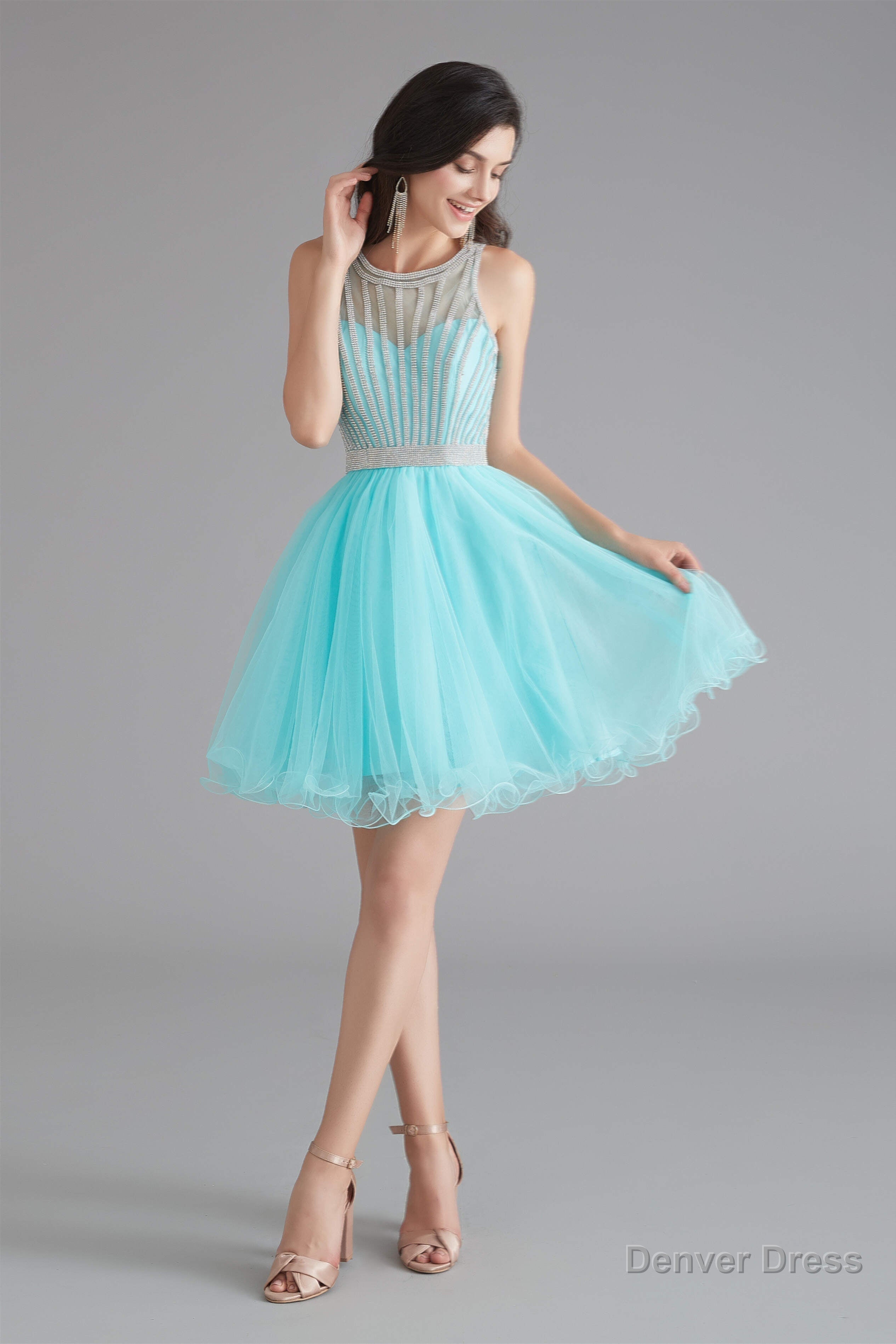 A Line Tulle Sleeveless Beading Homecoming Dresses