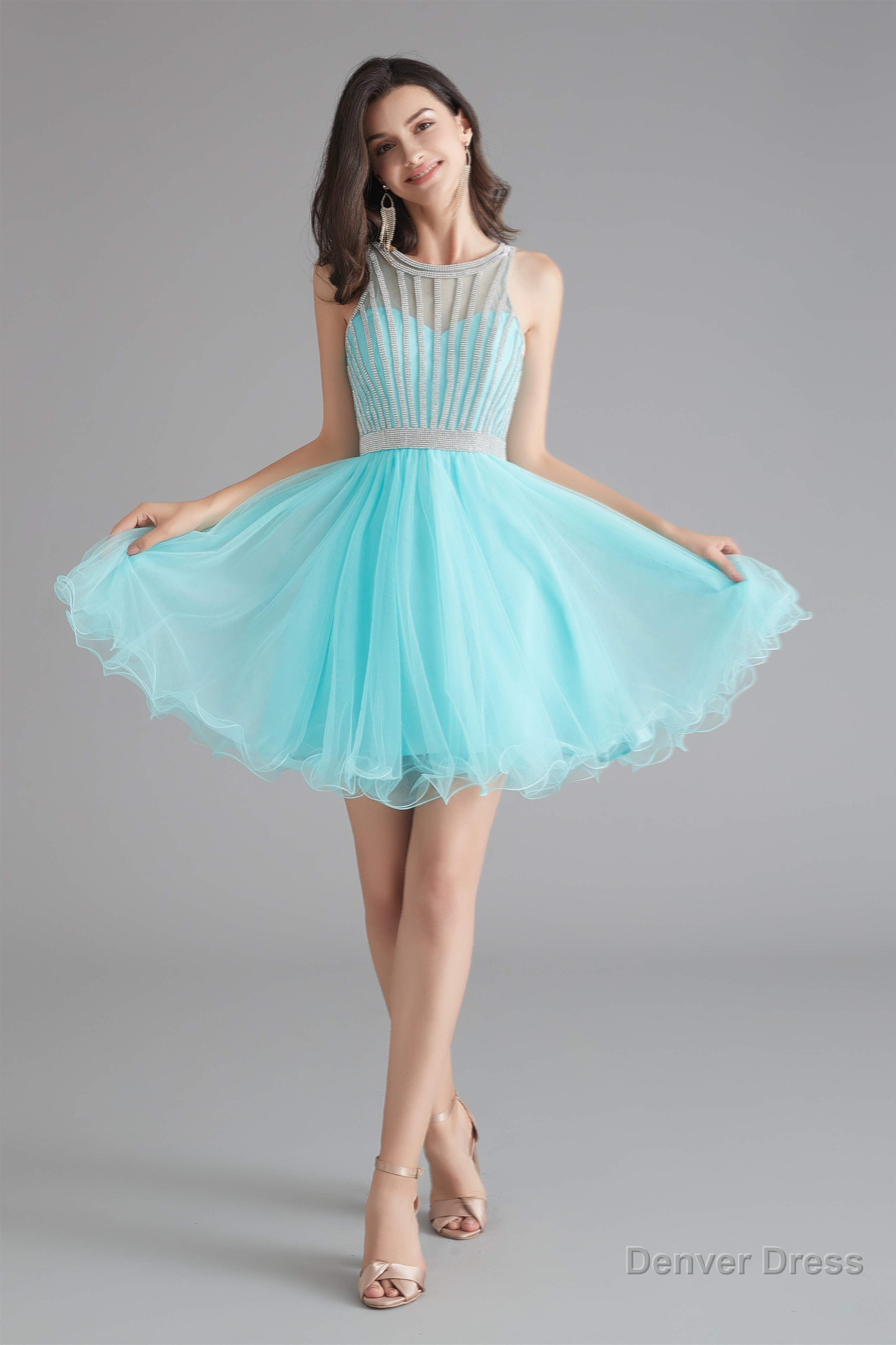 A Line Tulle Sleeveless Beading Homecoming Dresses