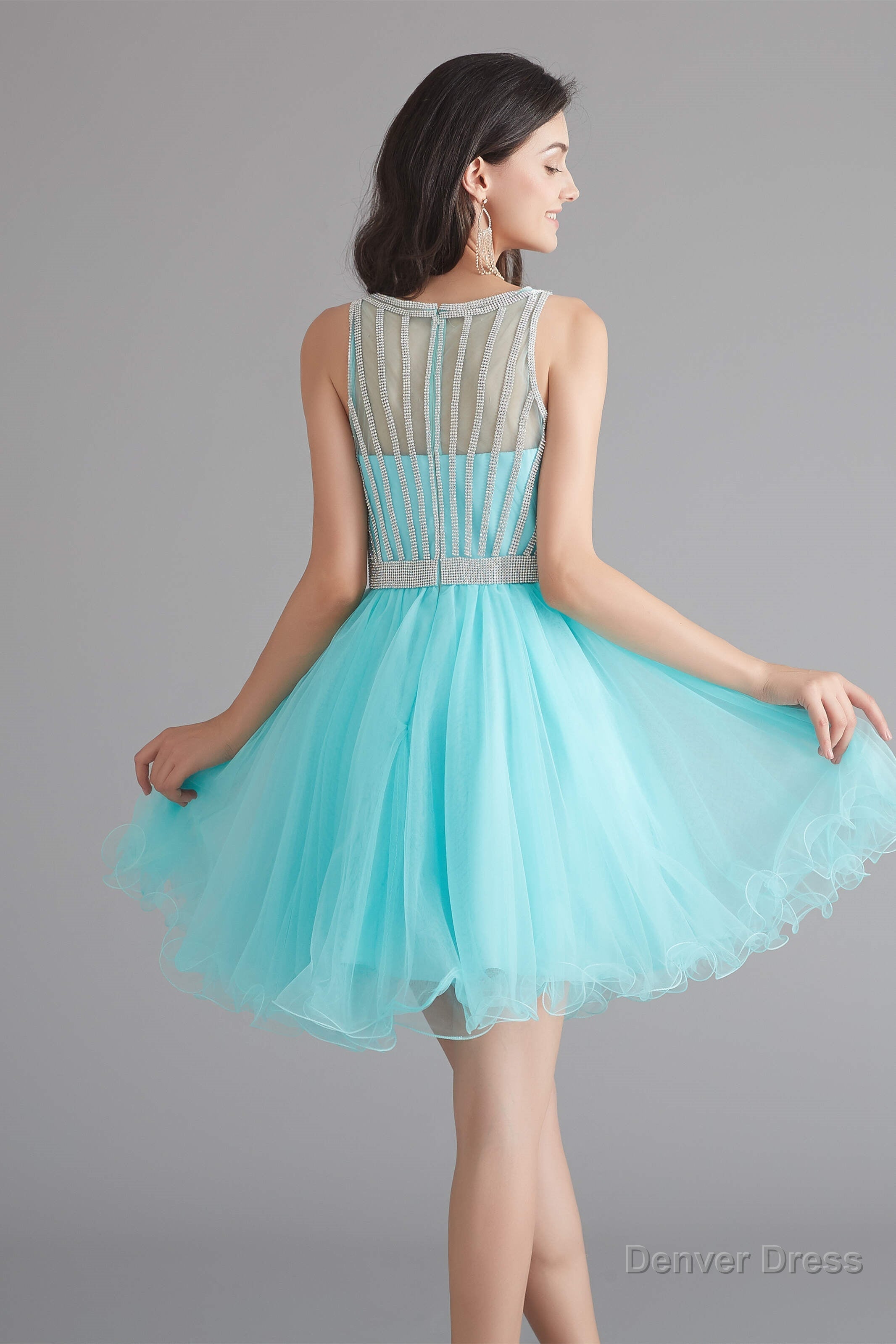 A Line Tulle Sleeveless Beading Homecoming Dresses