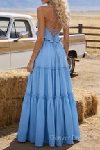 Sky Blue A-line V Neck Sleeveless Floor-Length Chiffon Prom Dress Long Prom Dresses Backless with Pleated Ruffles