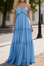 Sky Blue A-line V Neck Sleeveless Floor-Length Chiffon Prom Dress Long Prom Dresses Backless with Pleated Ruffles