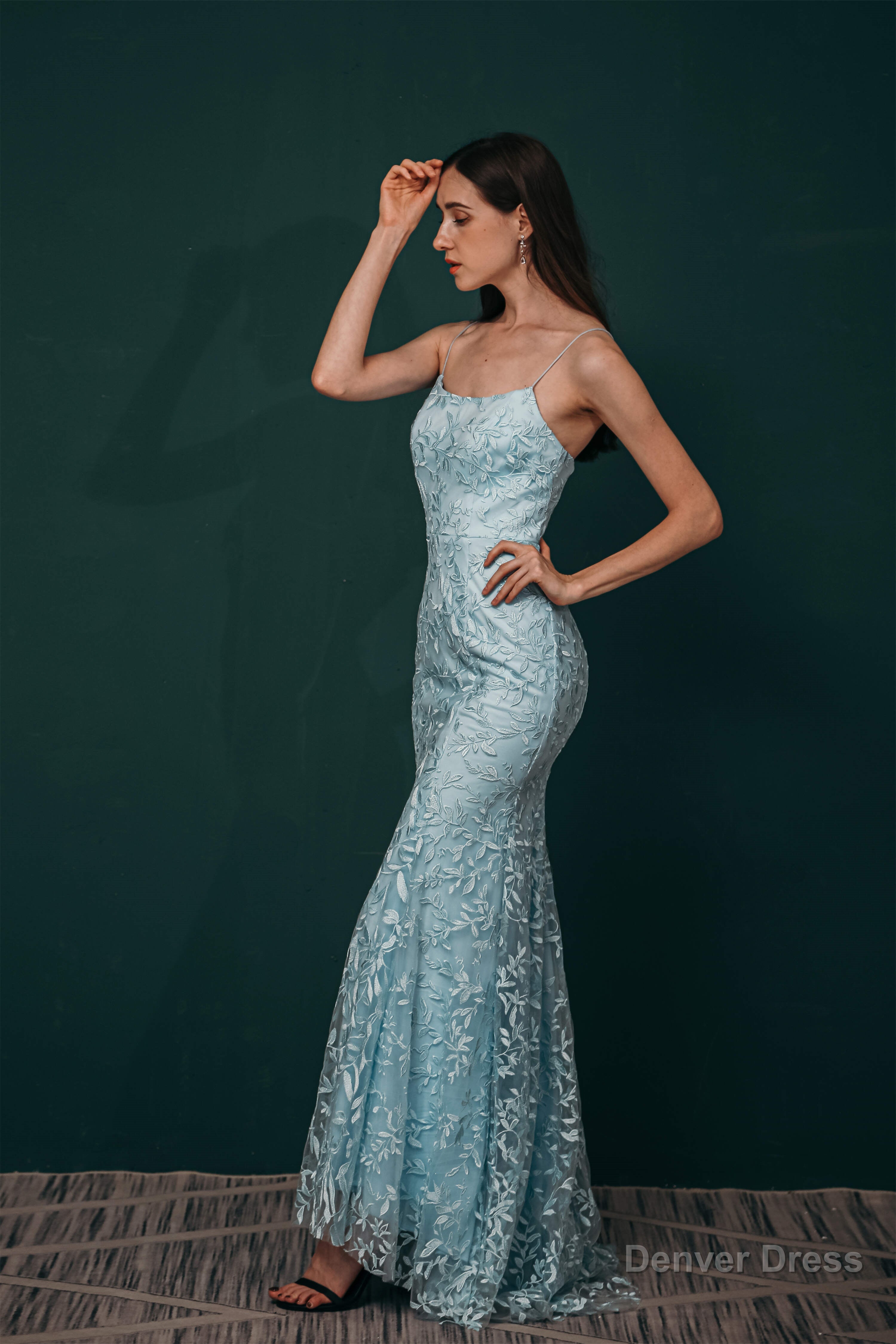 Sky Blue Backless Long Lace Spaghetti Straps Prom Dresses