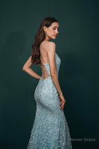 Sky Blue Backless Long Lace Spaghetti Straps Prom Dresses