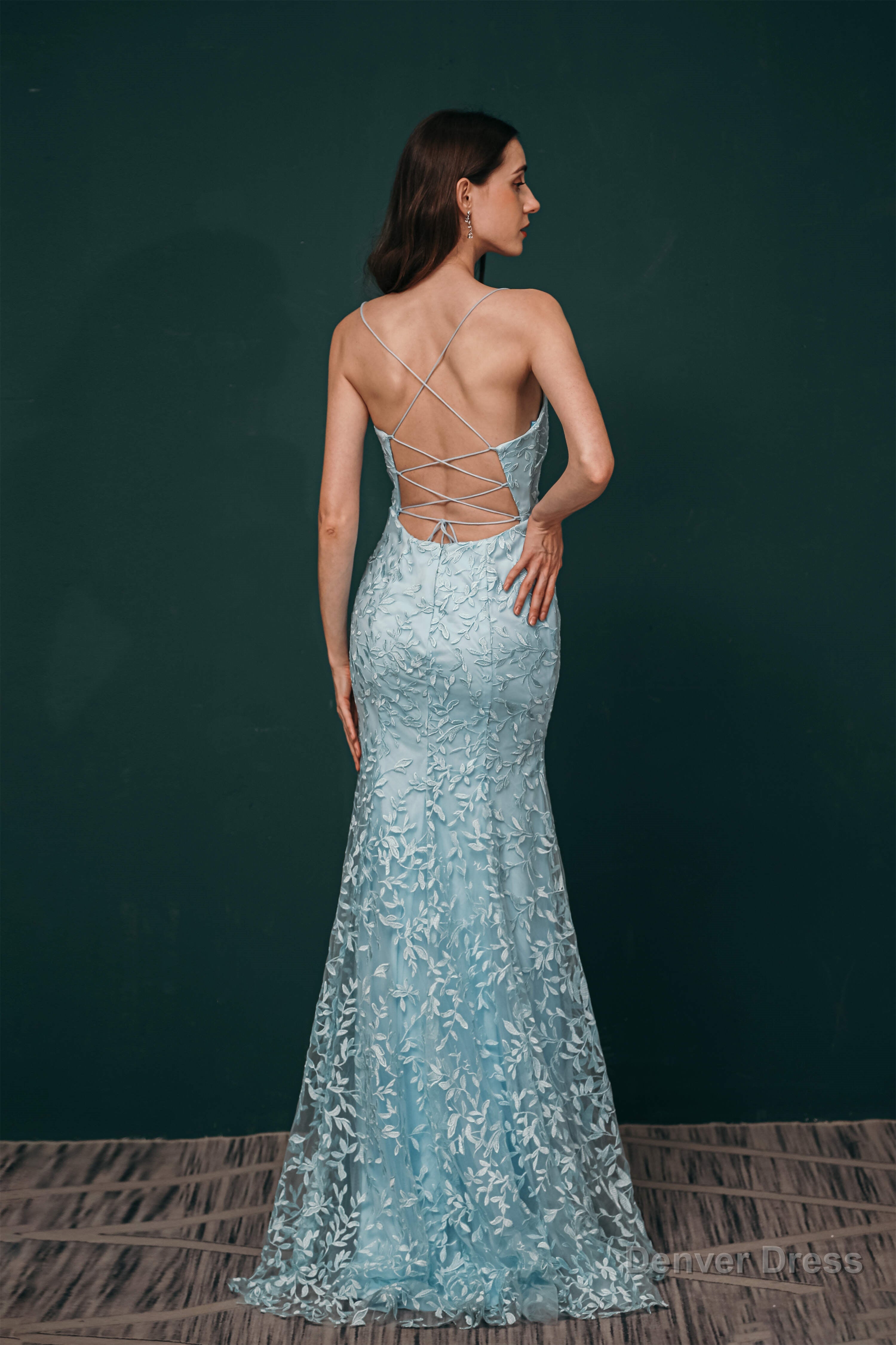 Sky Blue Backless Long Lace Spaghetti Straps Prom Dresses