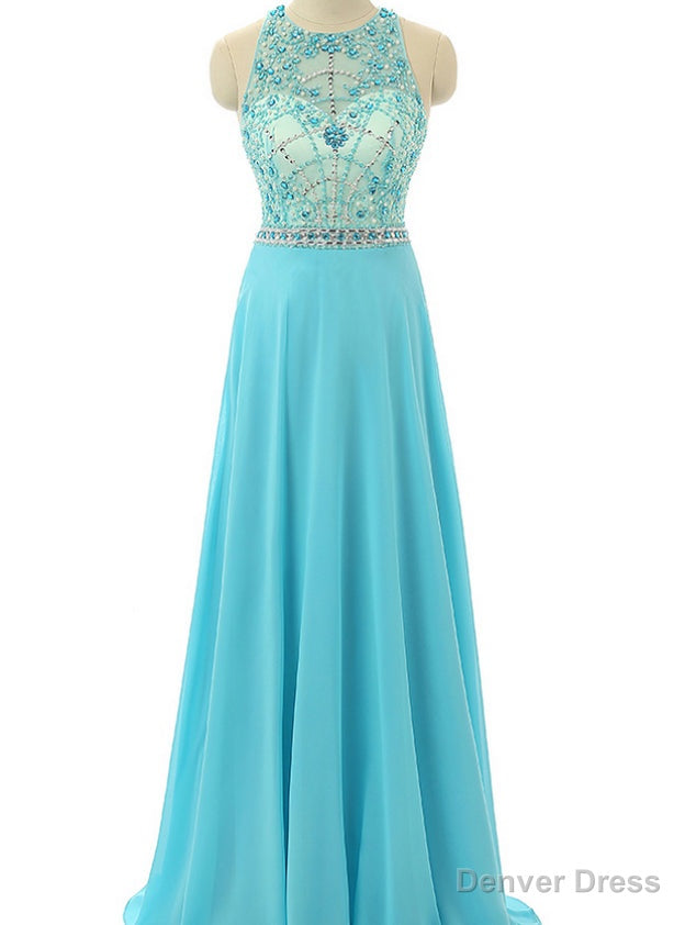 Sky Blue Beaded Prom Dress Beading Prom Dresses Sheer Prom Gown