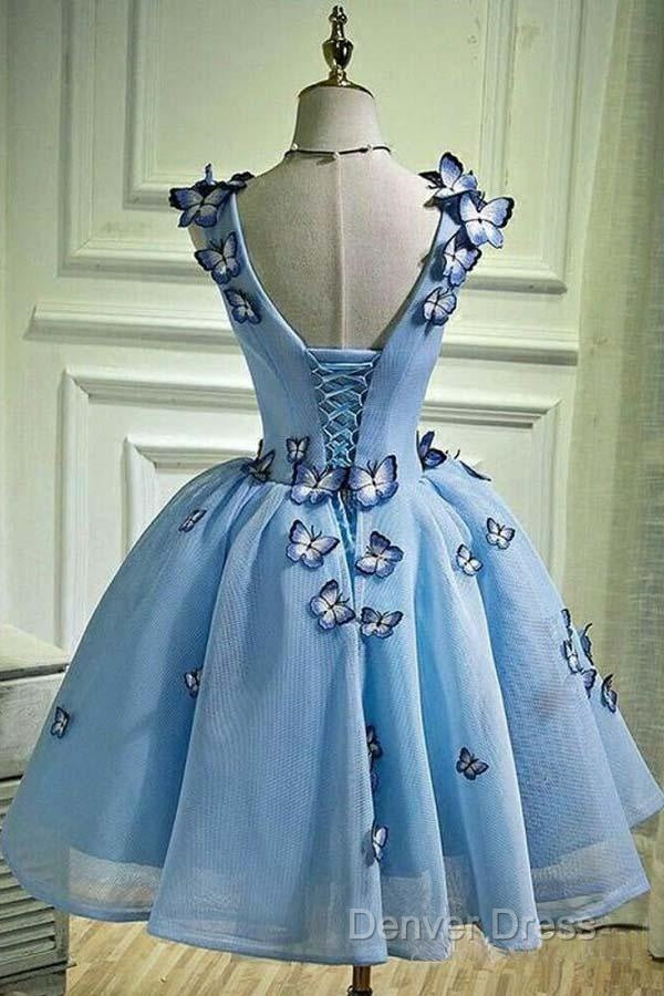 Sky Blue Homecoming Dress Butterfly Applique Short Prom Dresses