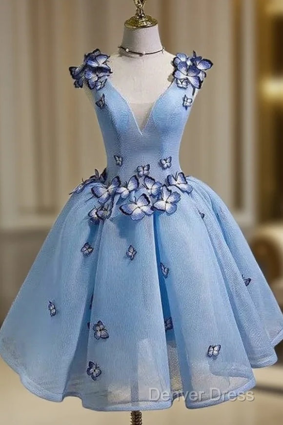 Sky Blue Homecoming Dress Butterfly Applique Short Prom Dresses
